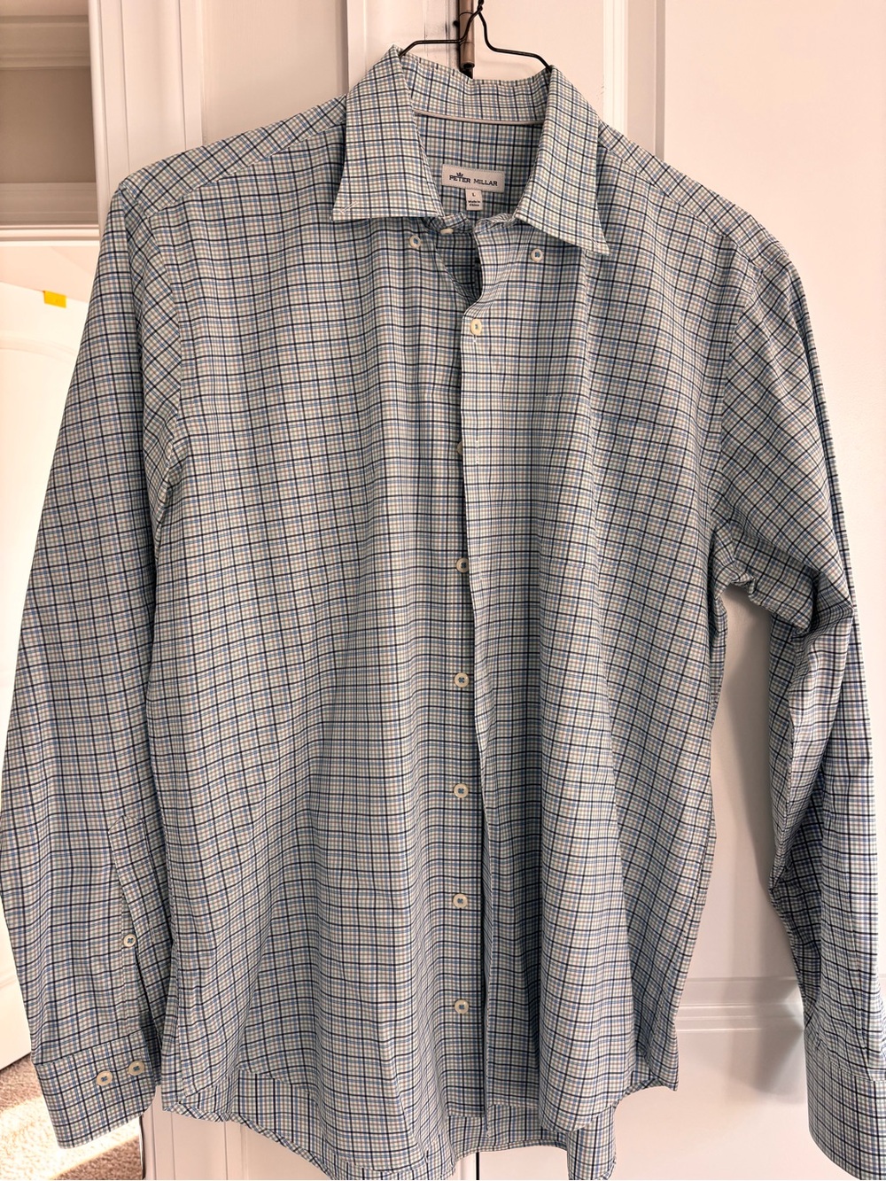 Peter Millar Blue and White Plaid Dress Shirt